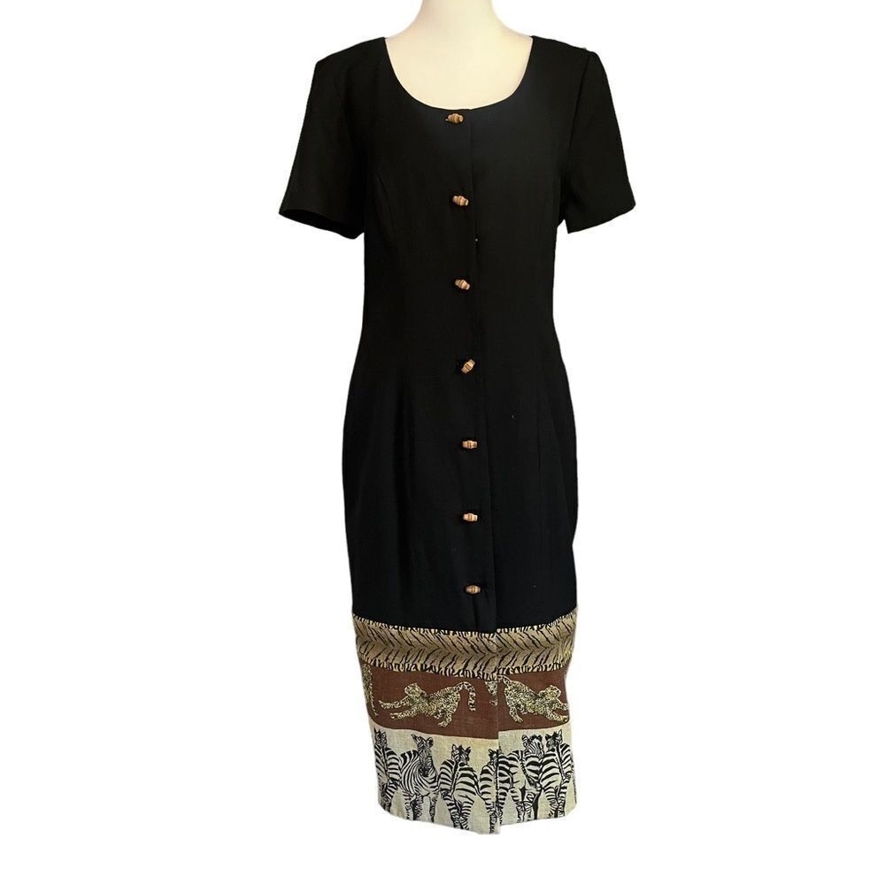 Vtg DL DEBORAH LAWS Womens Black Safari Print Linen Blend Dress​​​​